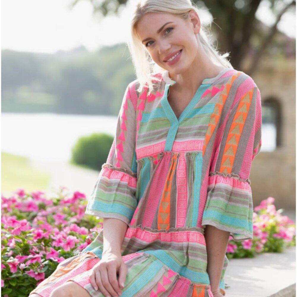 APNY Mixed Print Tiered Cotton Tunic Dress in Pink Multi Size M - Picture 8 of 14